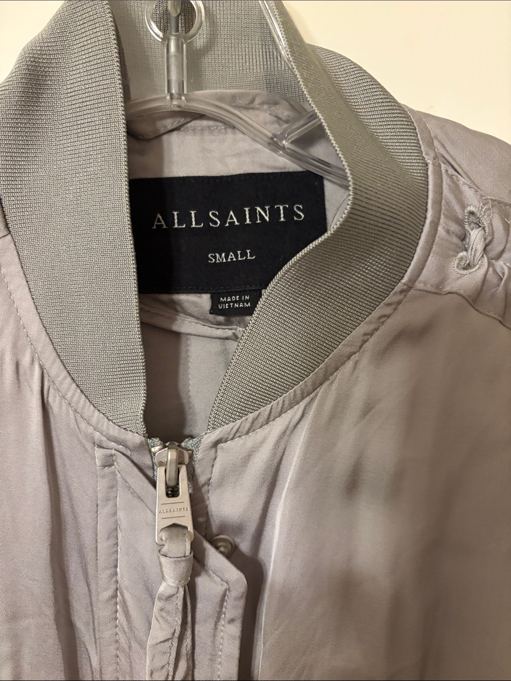 AllSaints Light Gray Satin Bomber Jacket - Picture 2 of 4